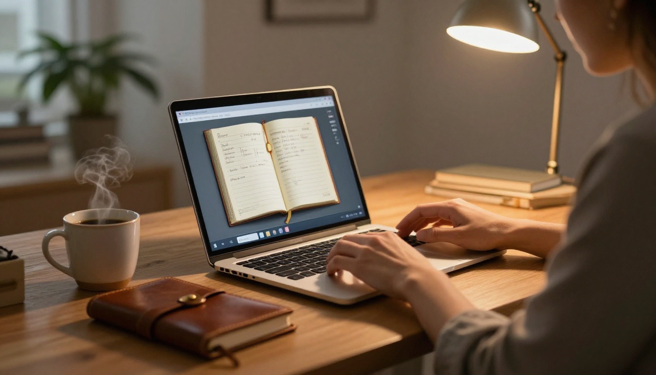 Person at laptop working on flipbook with diary open beside them for reference