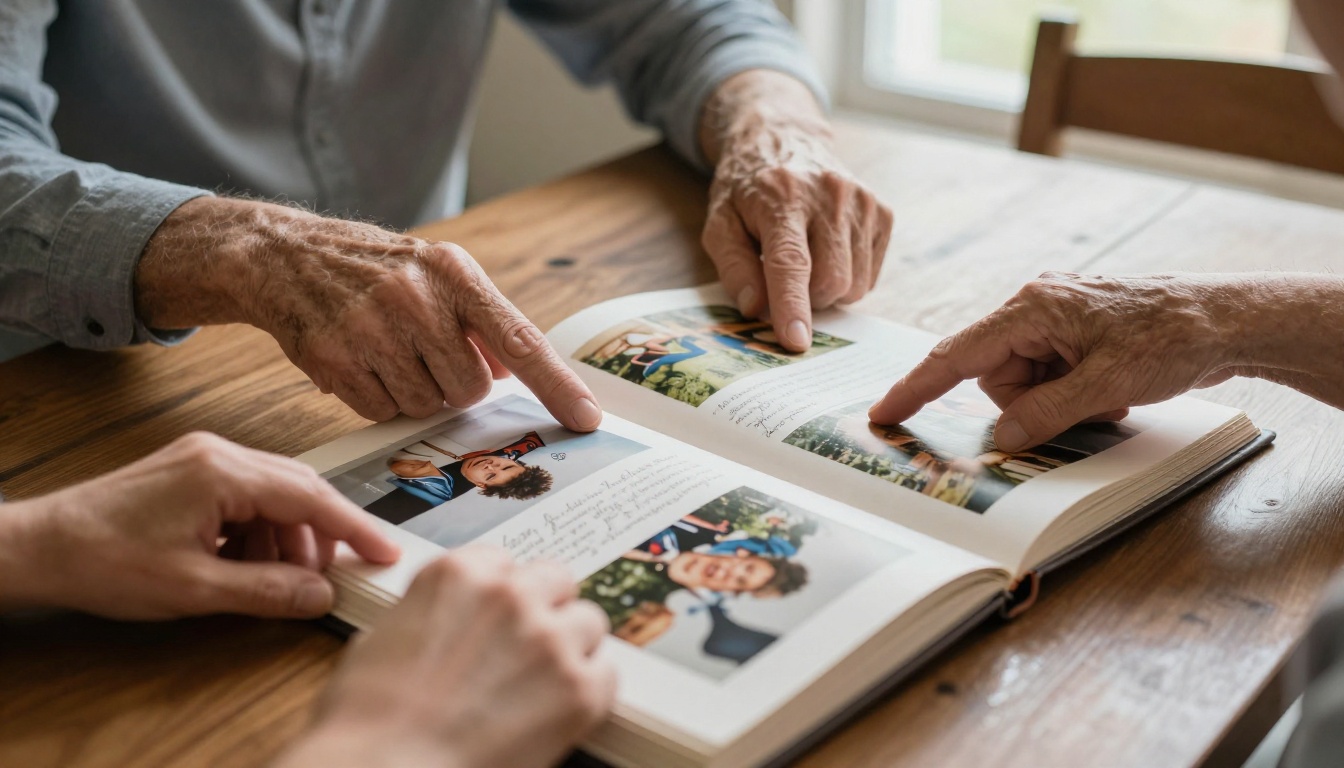 Family gathering together around an open memoir book on a dining table