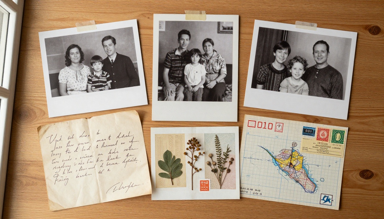 Personal memory ephemera flat-lay with old photos, letters, and stamps