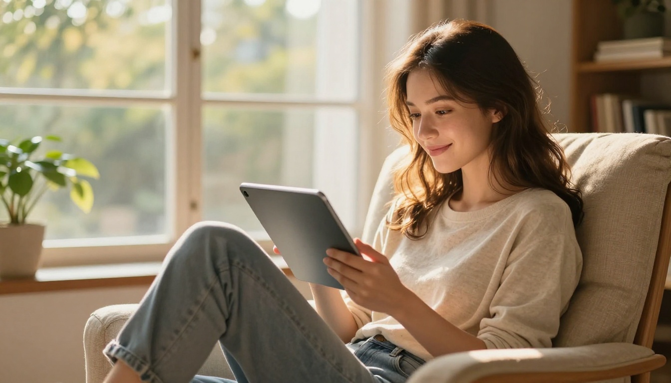 Young woman reading a flipbook memoir on a tablet in a sunlit armchair