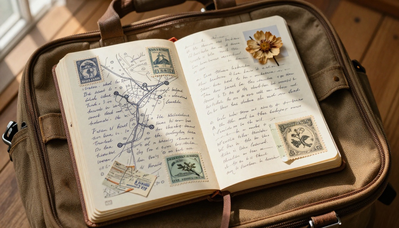 Vintage travel journal open on a weathered canvas travel bag