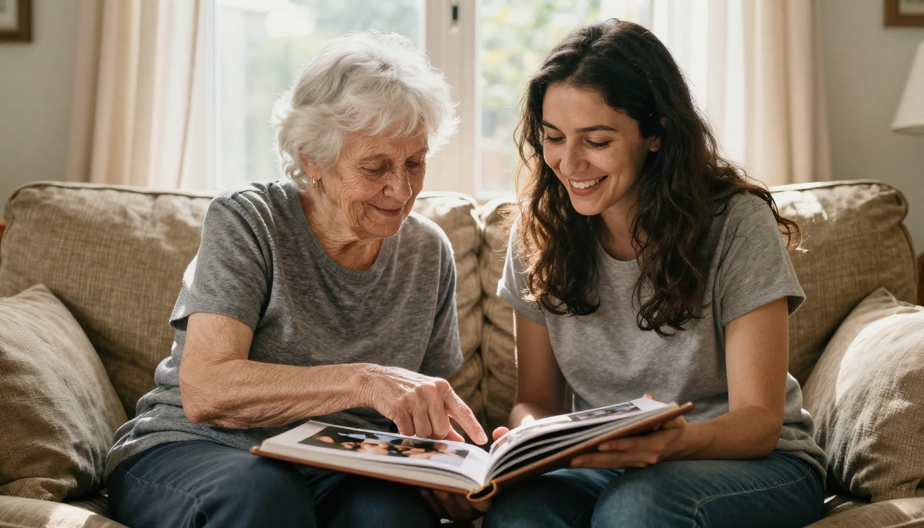 Two generations sharing a memoir book together on a sunlit sofa