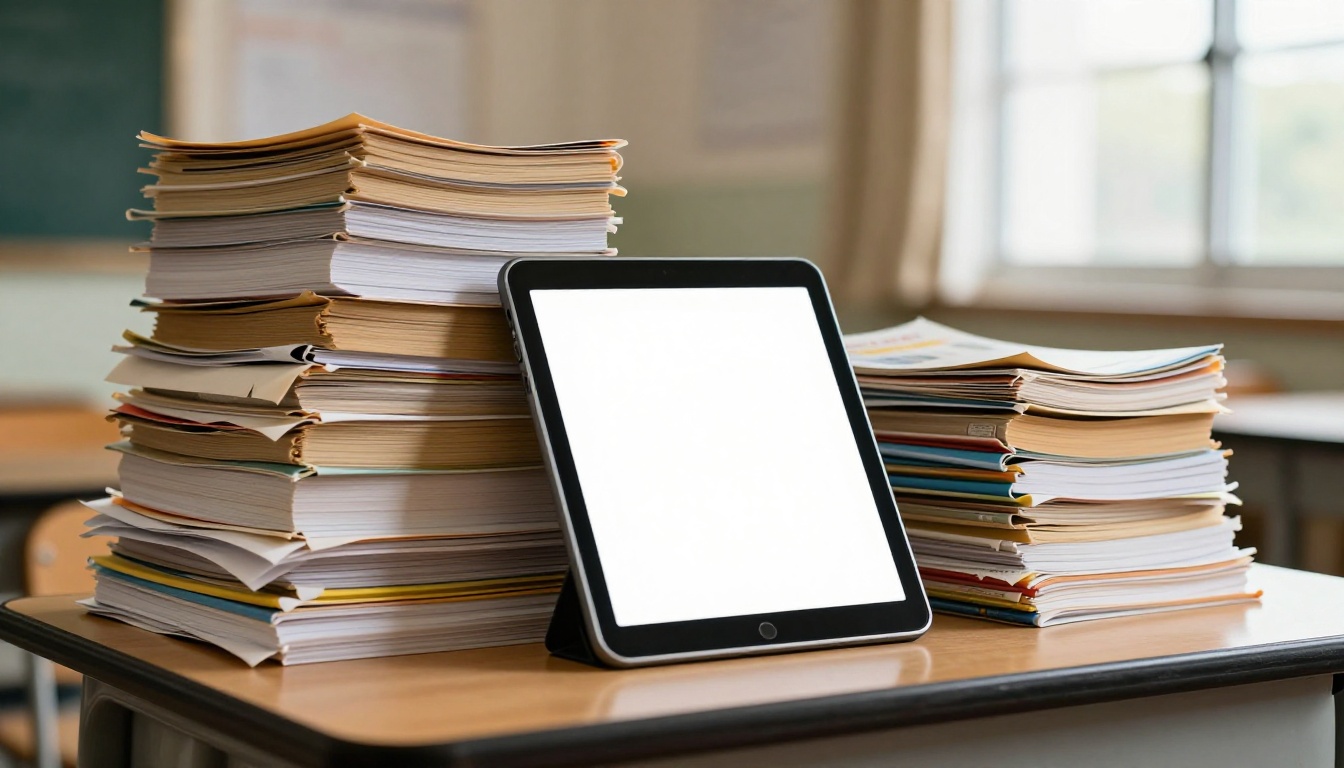 Paper catalogs stacked next to a modern tablet showing a digital school catalog