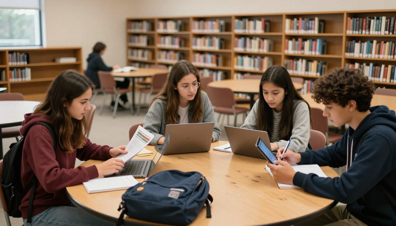 Students browsing digital school catalogs on laptops and iPads in a school library