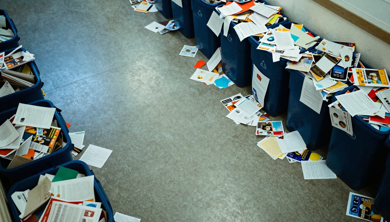 Aerial view of school recycling bins overflowing with discarded paper catalogs and printed materials