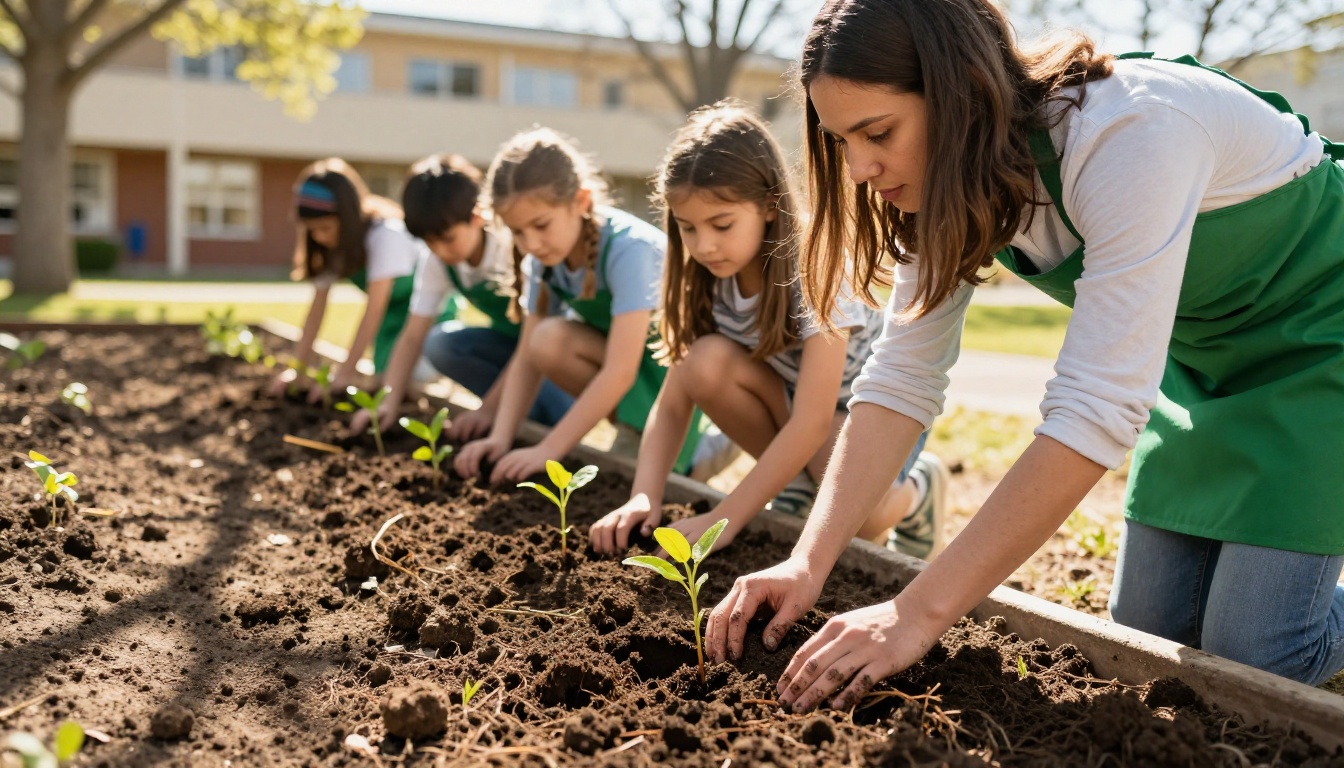 Elementary students planting trees on school grounds as part of a sustainability program