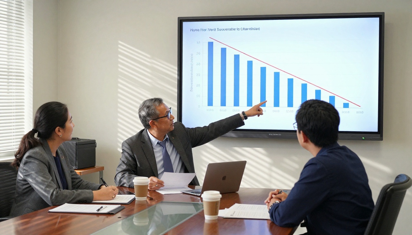 School administrators in a budget meeting reviewing cost savings data on a monitor