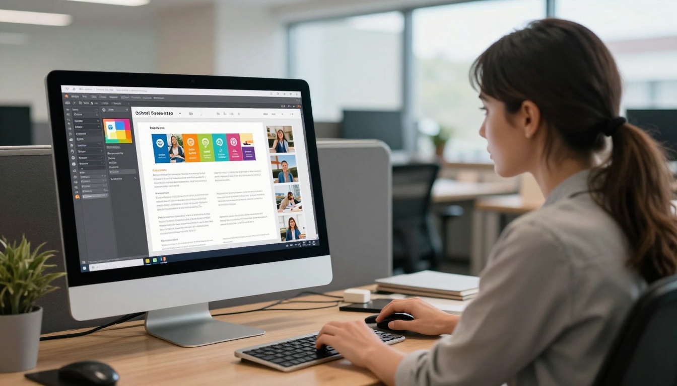 School communications coordinator editing a digital catalog on a large monitor