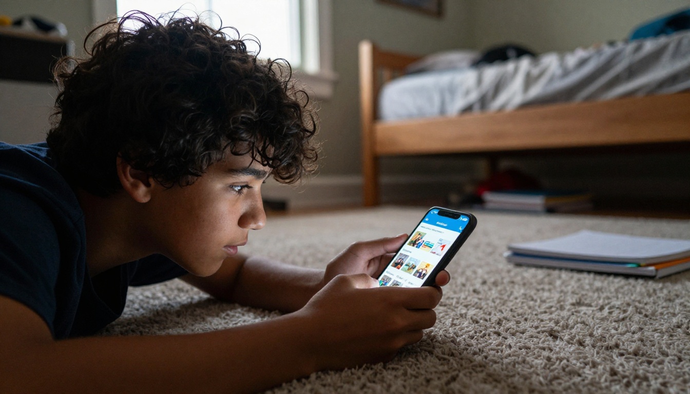 Teenager browsing a digital school catalog on a smartphone at home
