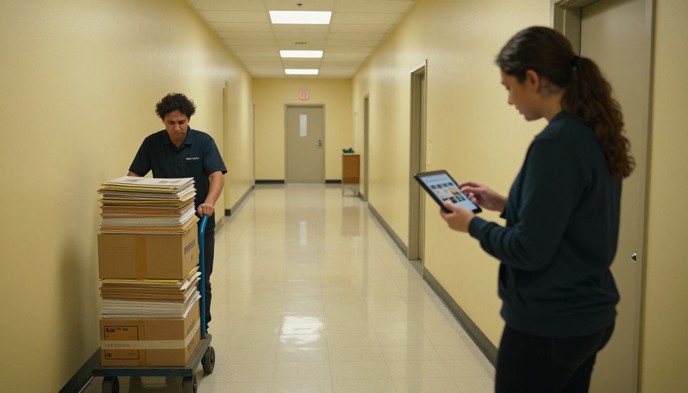 School corridor showing the contrast between heavy paper catalog distribution and effortless digital sharing via tablet