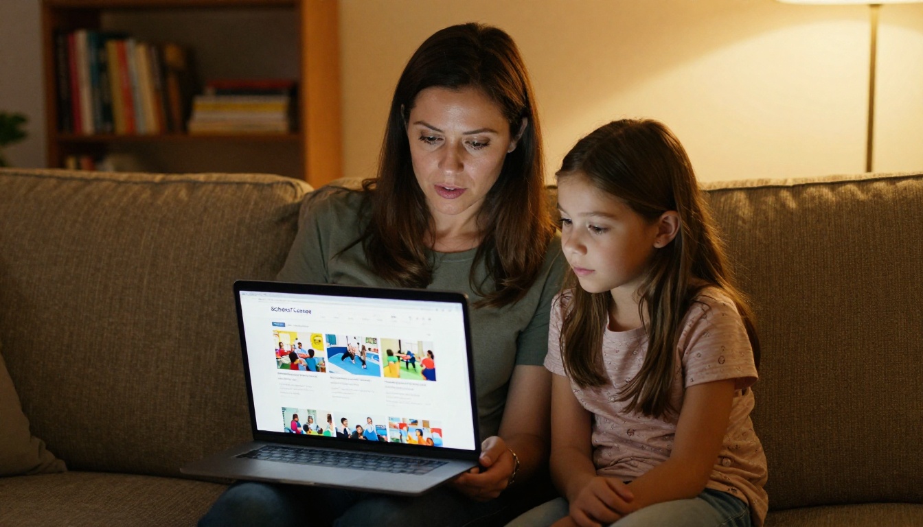 Parent and child browsing a digital school catalog together on a laptop at home in the evening