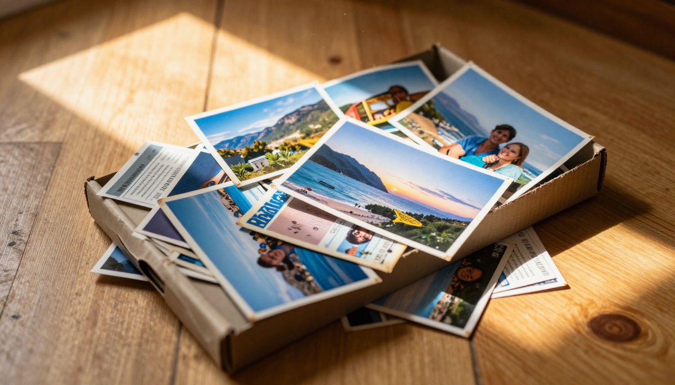 A shoebox overflowing with printed vacation photographs on a sunlit wooden floor