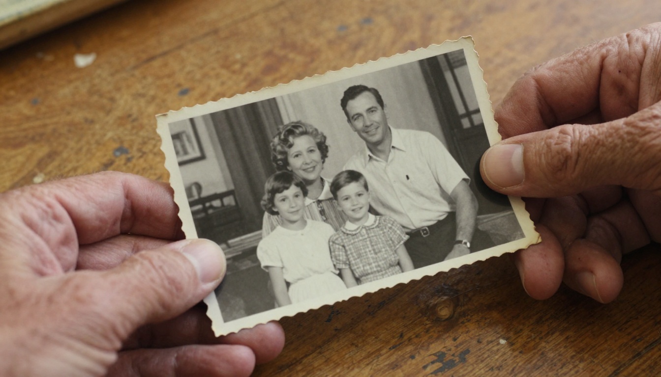 Hands gently holding a vintage black-and-white family portrait photograph