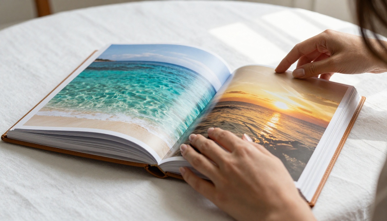 Close-up of hands delicately turning the page of an open photo album with turquoise beach and sunset images