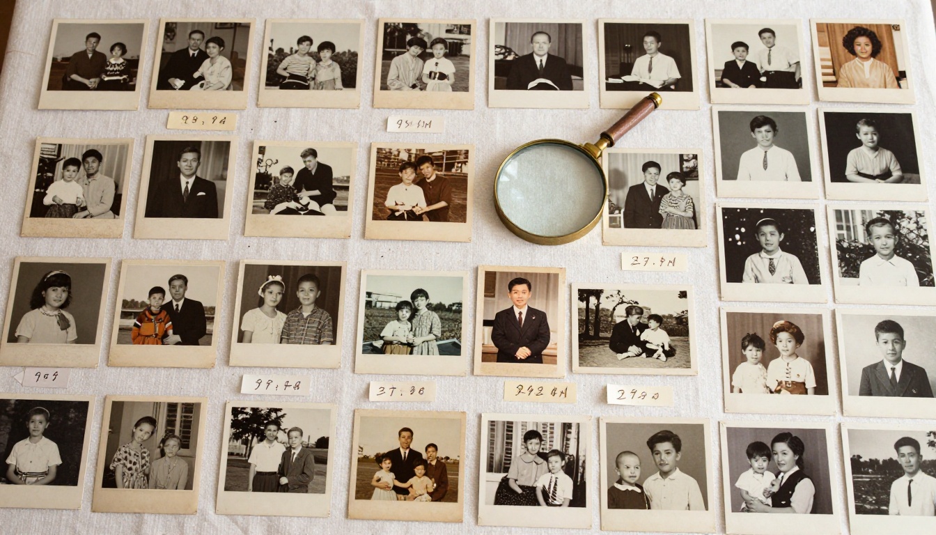 Aerial view of vintage family photographs organized in rows on a linen surface
