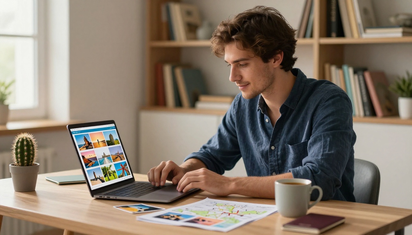 Young man organizing vacation photos on a laptop at his home desk with travel items nearby