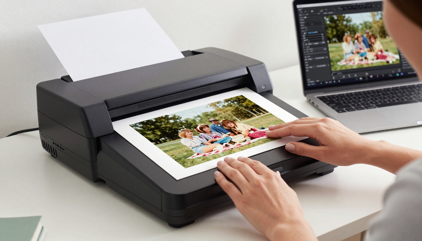 A flatbed photo scanner with a vintage family photograph being placed on the glass