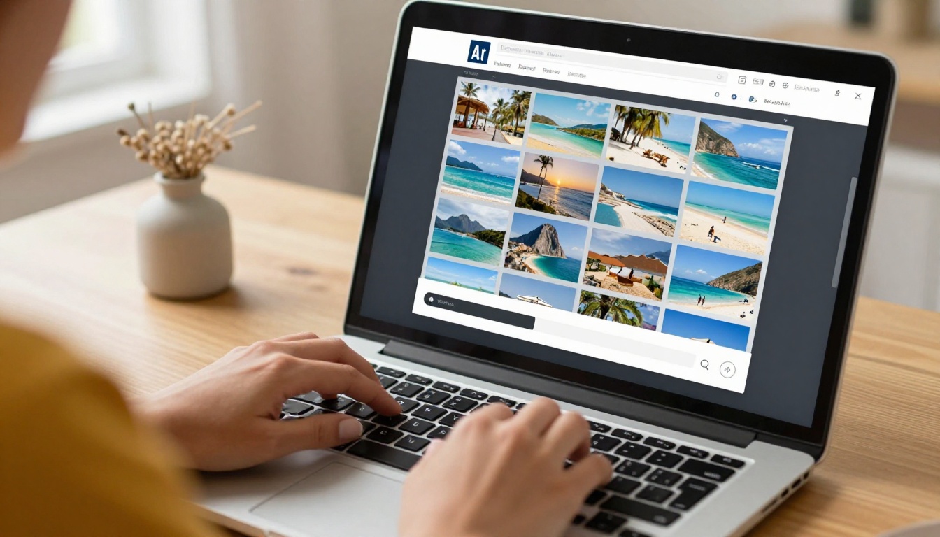 Over-the-shoulder view of uploading vacation photos to a flipbook platform interface
