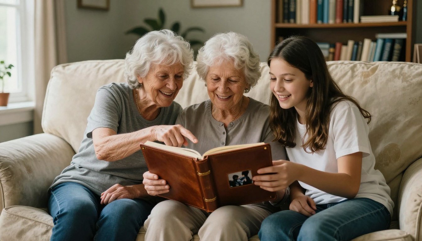 A family of three generations looking at a photo album together on a sofa