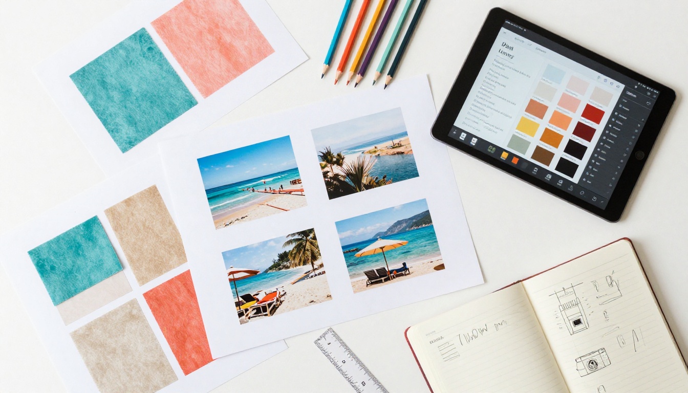 Flat lay design workspace showing color swatches, printed travel photos, and a tablet with design tools