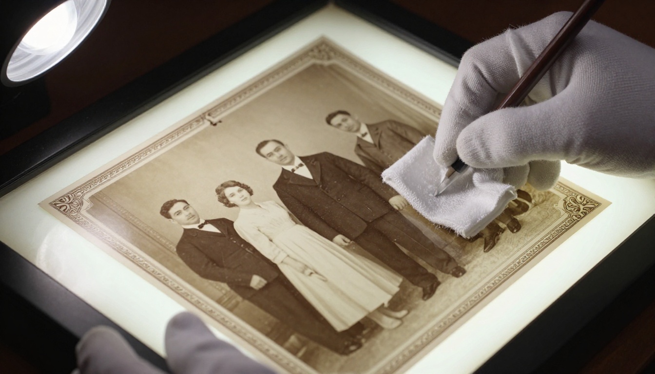 Cotton-gloved hands carefully handling a vintage sepia photograph on a light table