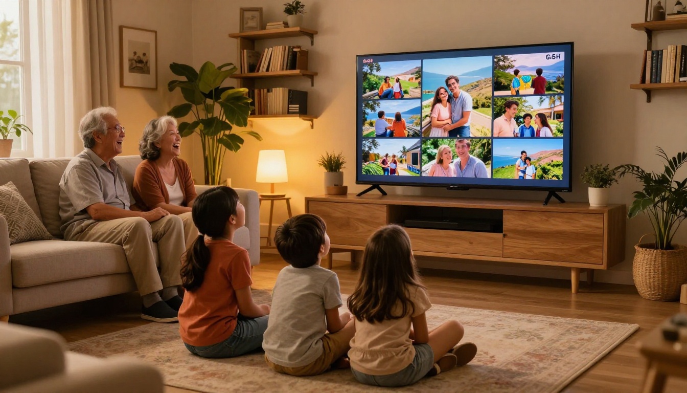 Happy multigenerational family gathered in a cozy living room watching a vacation flipbook on a large TV screen