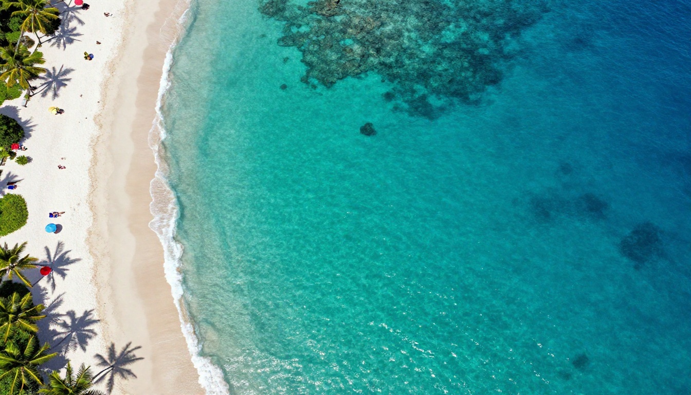 Aerial view of a stunning tropical beach from high above, turquoise water and white sand in a natural crescent