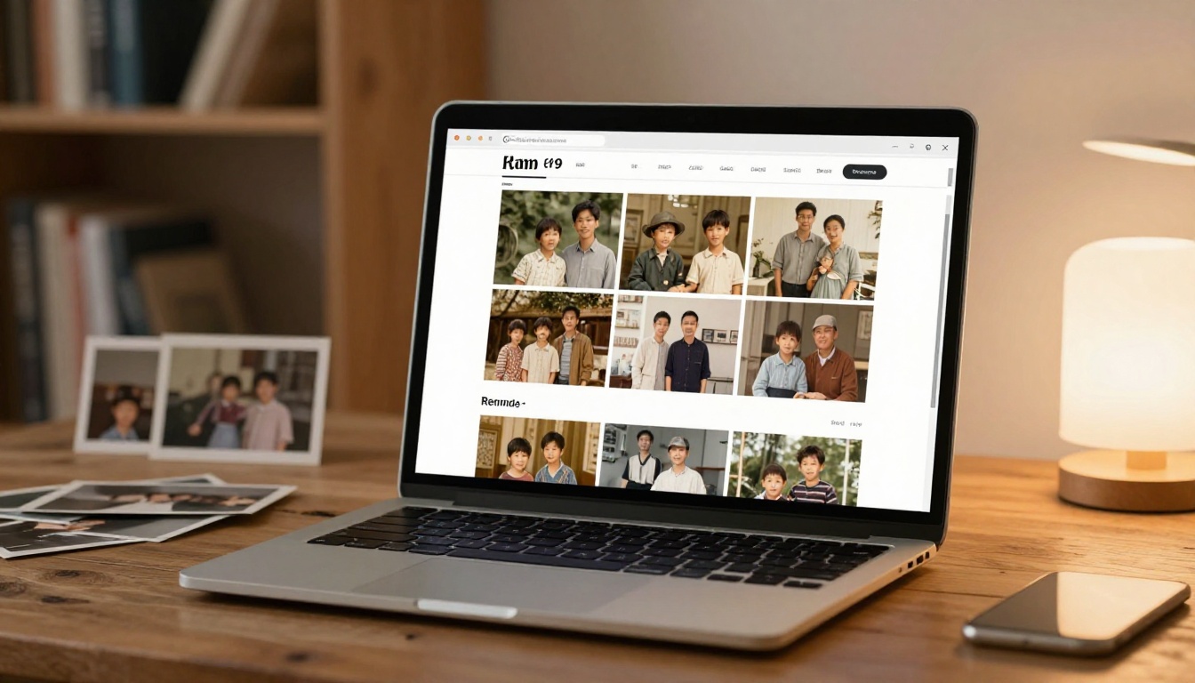 A laptop displaying a digital flipbook interface with vintage family photos A laptop displaying a digital flipbook interface with vintage family photos