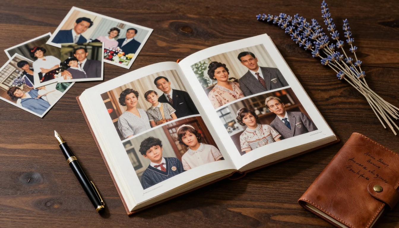 An elegant flat lay of a completed photo book, fountain pen, and loose vintage photographs An elegant flat lay of a completed photo book, fountain pen, and loose vintage photographs