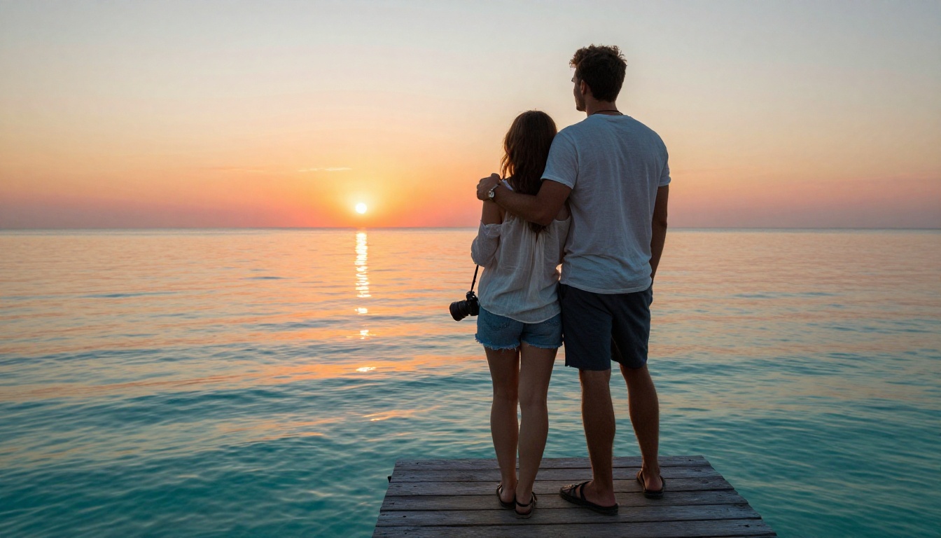 Romantic couple standing on a wooden pier at golden hour, silhouetted against a spectacular orange and pink sunset over the ocean