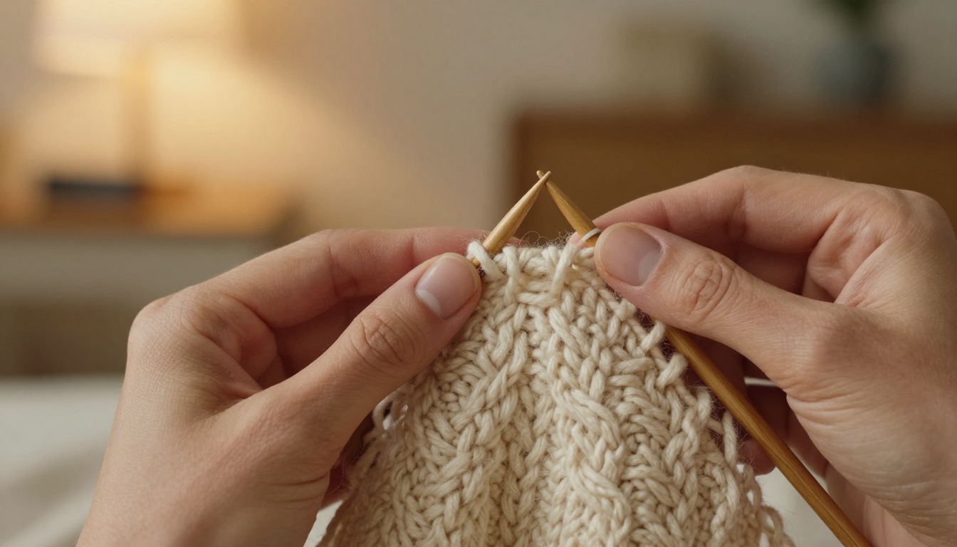Close-up of hands knitting with wooden needles and cream wool yarn in warm golden light Close-up of hands knitting with wooden needles and cream wool yarn in warm golden light