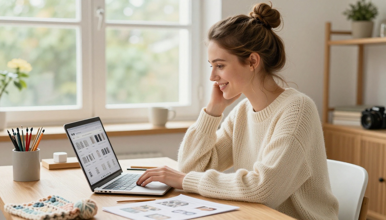 Woman at a bright Scandinavian home studio desk viewing an Etsy seller dashboard on laptop Woman at a bright Scandinavian home studio desk viewing an Etsy seller dashboard on laptop