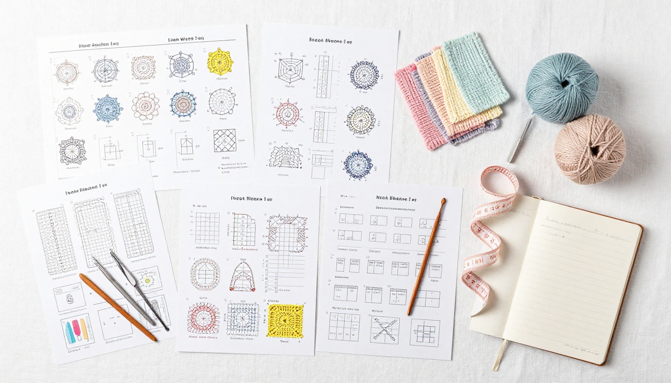 Flat lay of crochet pattern sheets, hooks, yarn swatches, and stitch markers on white linen Flat lay of crochet pattern sheets, hooks, yarn swatches, and stitch markers on white linen