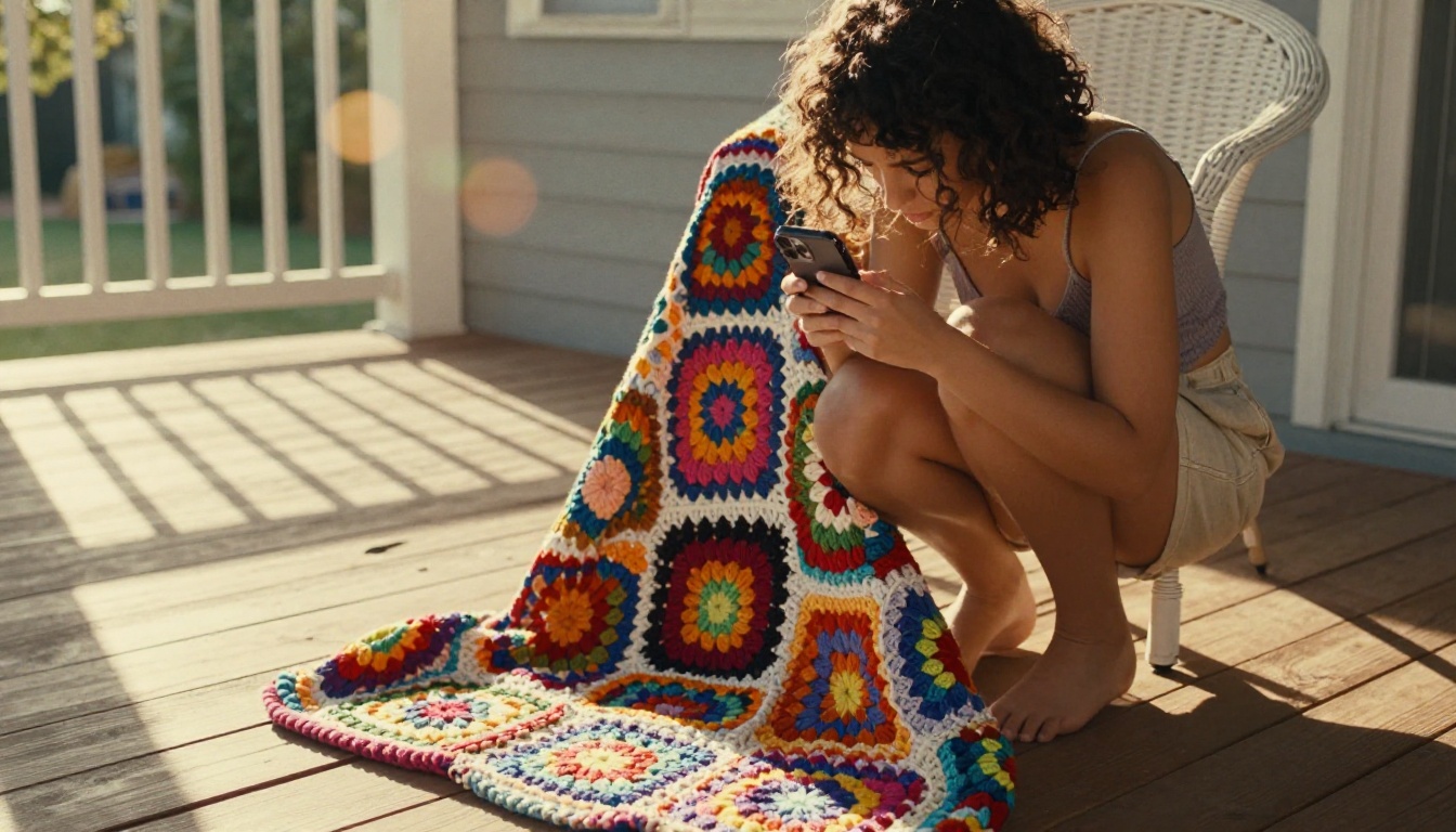 Woman photographing a crocheted granny square blanket outdoors on a wooden porch in golden light Woman photographing a crocheted granny square blanket outdoors on a wooden porch in golden light