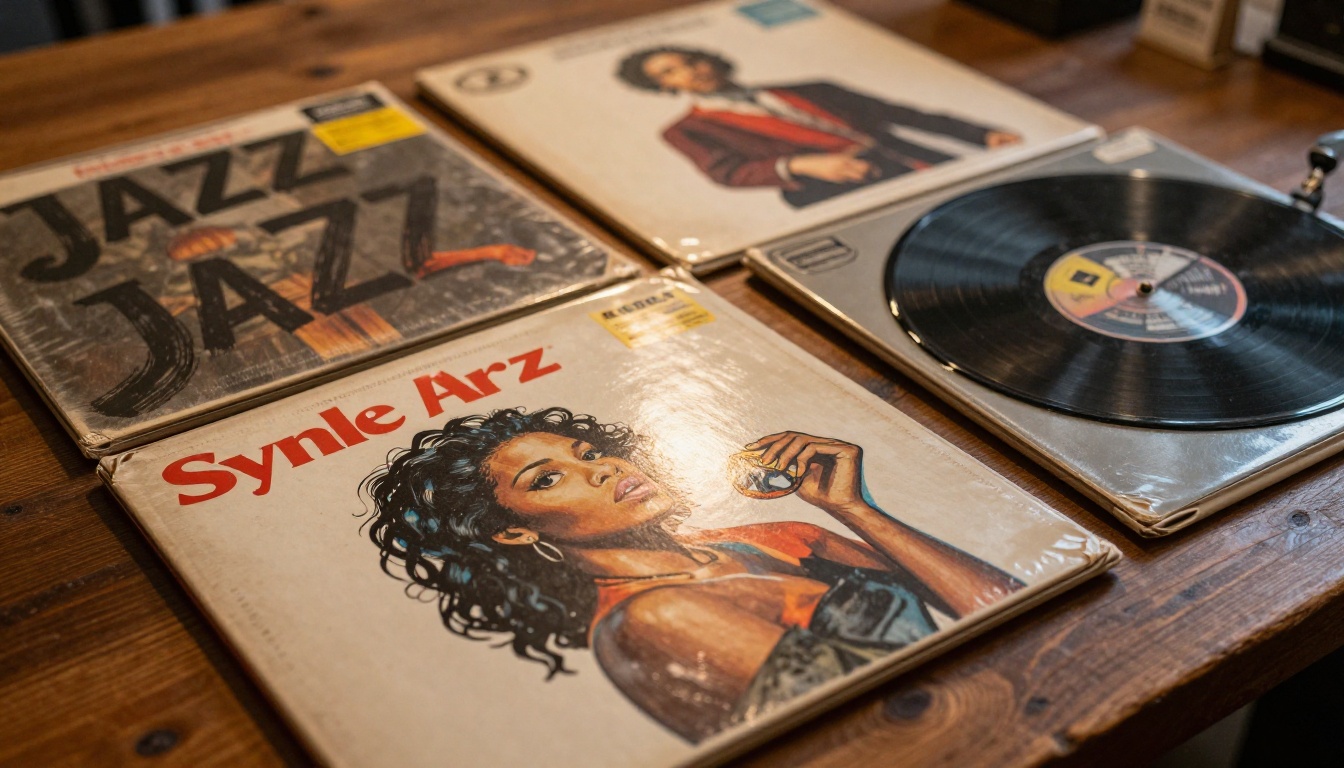 Colorful vintage vinyl record sleeves fanned out on a rustic oak table Colorful vintage vinyl record sleeves fanned out on a rustic oak table