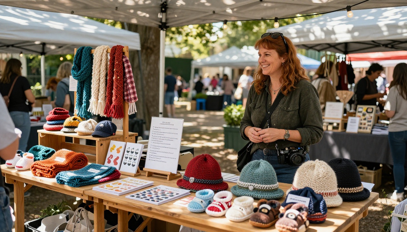 Charming outdoor craft market stall with knitted items, pattern cards, and smiling vendor in dappled sunlight Charming outdoor craft market stall with knitted items, pattern cards, and smiling vendor in dappled sunlight