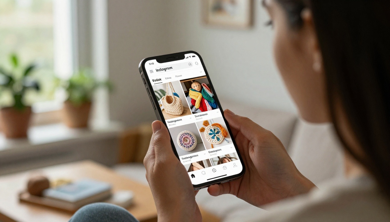 Woman scrolling Instagram fiber arts feed on smartphone in a bright apartment with window light Woman scrolling Instagram fiber arts feed on smartphone in a bright apartment with window light