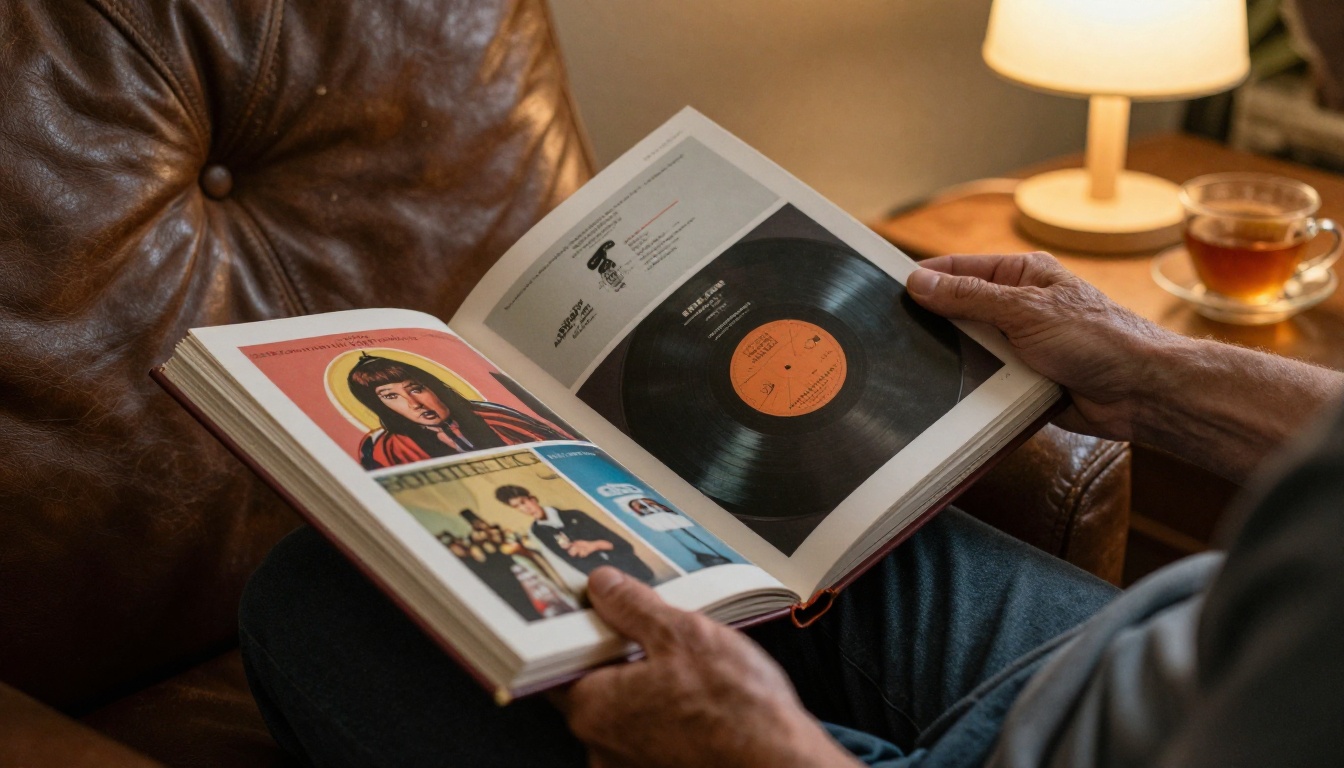 Hands carefully turning the pages of a vinyl album photo book under warm lamp light Hands carefully turning the pages of a vinyl album photo book under warm lamp light