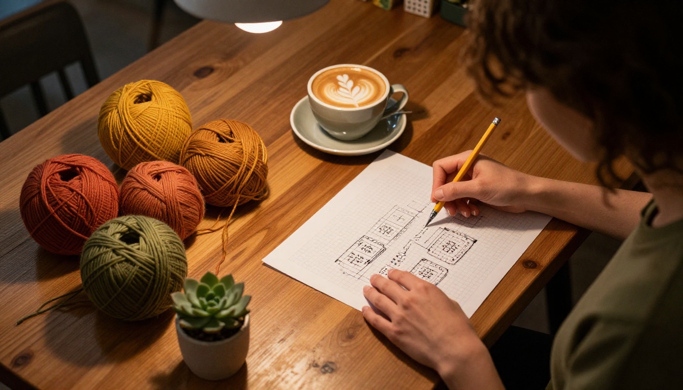 Woman designing a crochet pattern on graph paper at a café table with yarn samples and latte Woman designing a crochet pattern on graph paper at a café table with yarn samples and latte