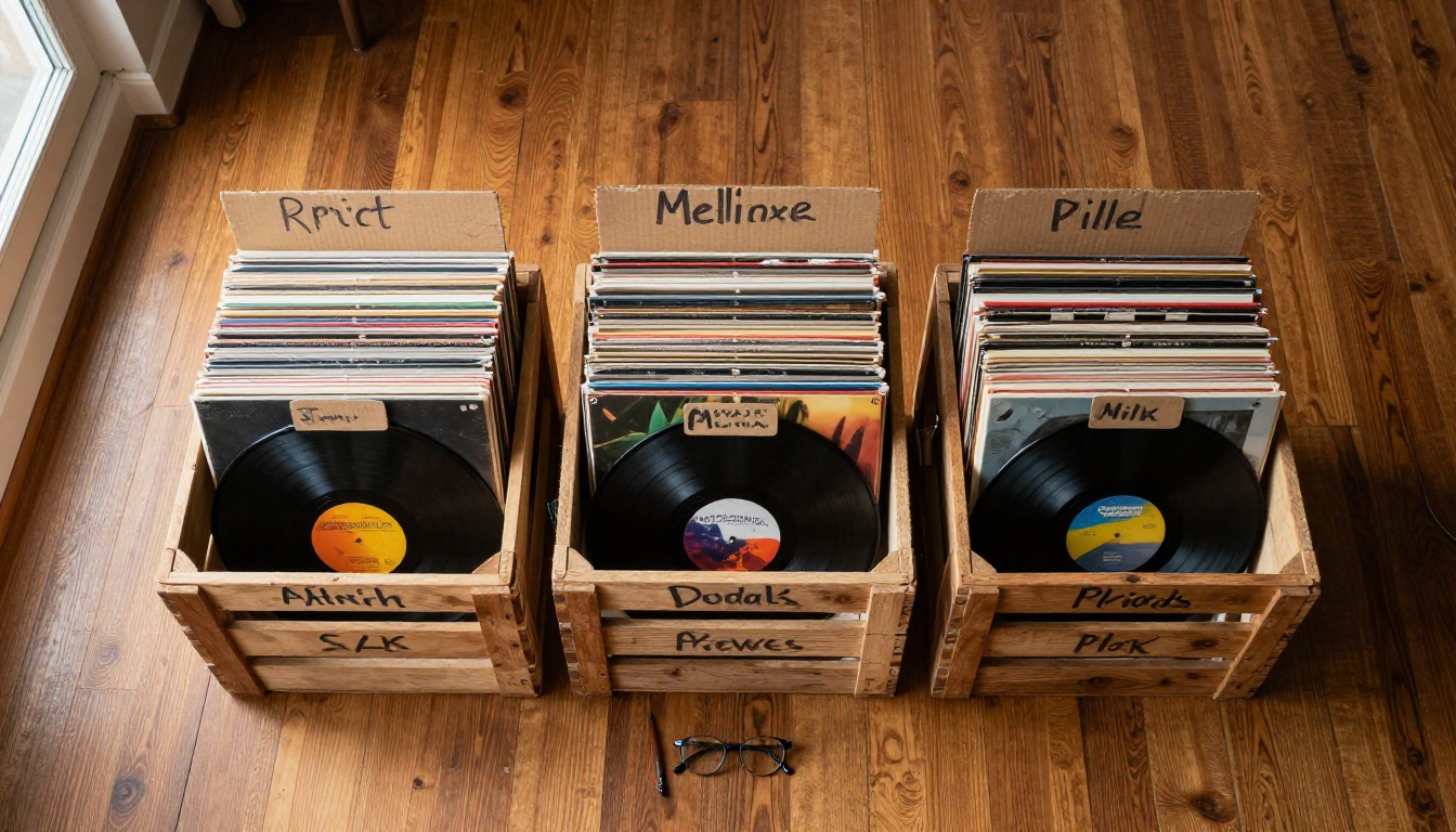 Aerial view of vinyl records organized in wooden crates with hand-written dividers on a hardwood floor Aerial view of vinyl records organized in wooden crates with hand-written dividers on a hardwood floor