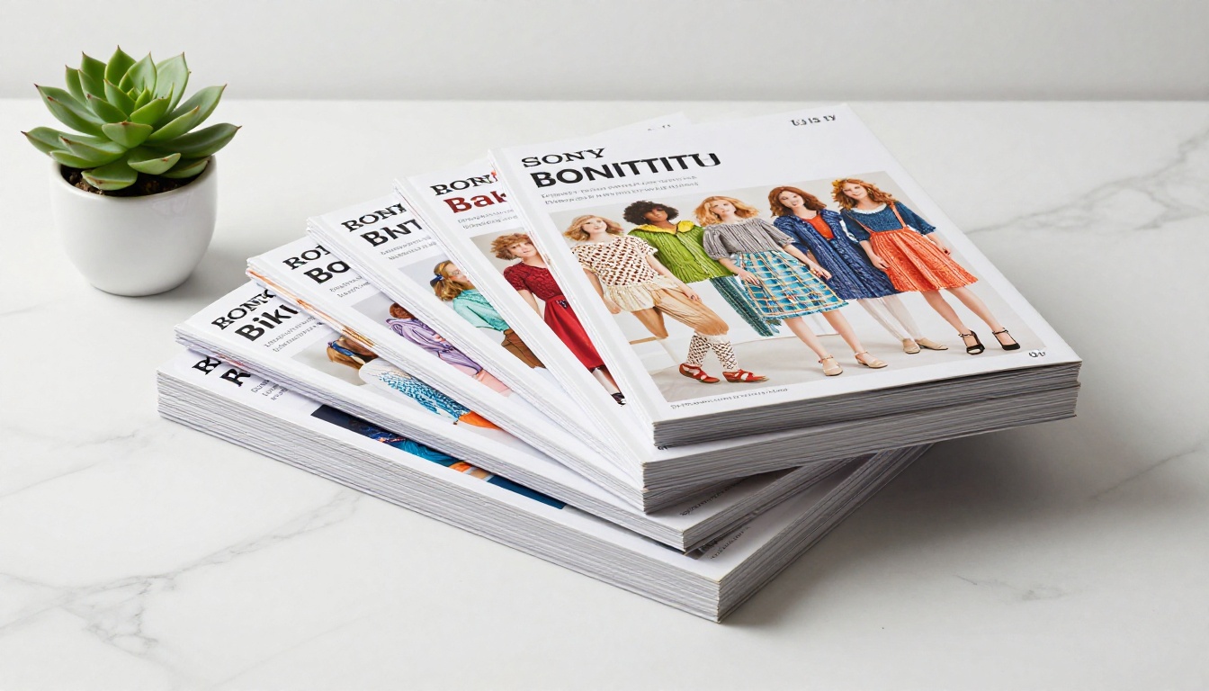 Stack of professional knitting and crochet pattern booklets fanned on white marble surface Stack of professional knitting and crochet pattern booklets fanned on white marble surface