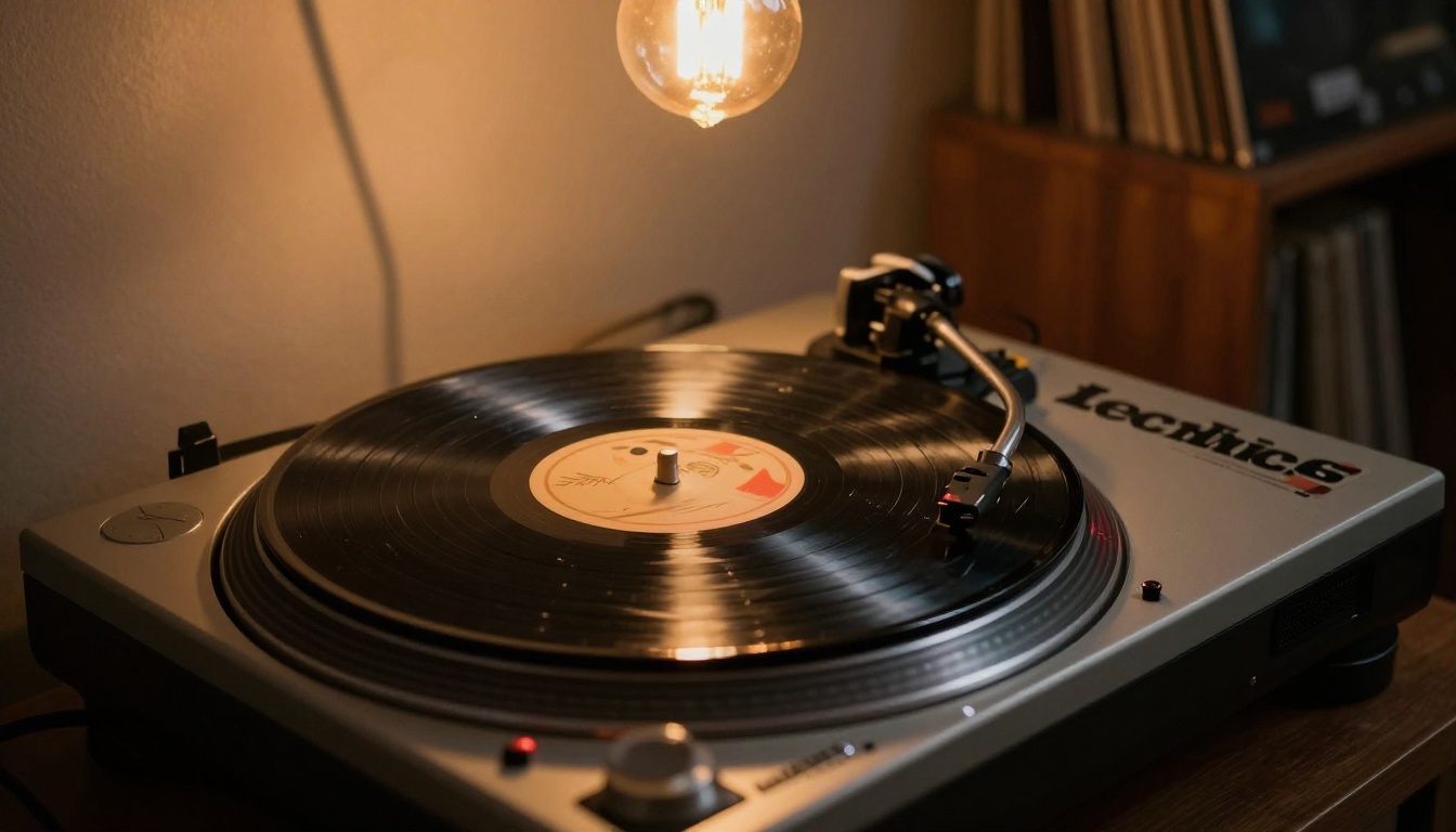 A vintage Technics turntable playing a vinyl record with an album sleeve propped beside it in warm amber light A vintage Technics turntable playing a vinyl record with an album sleeve propped beside it in warm amber light