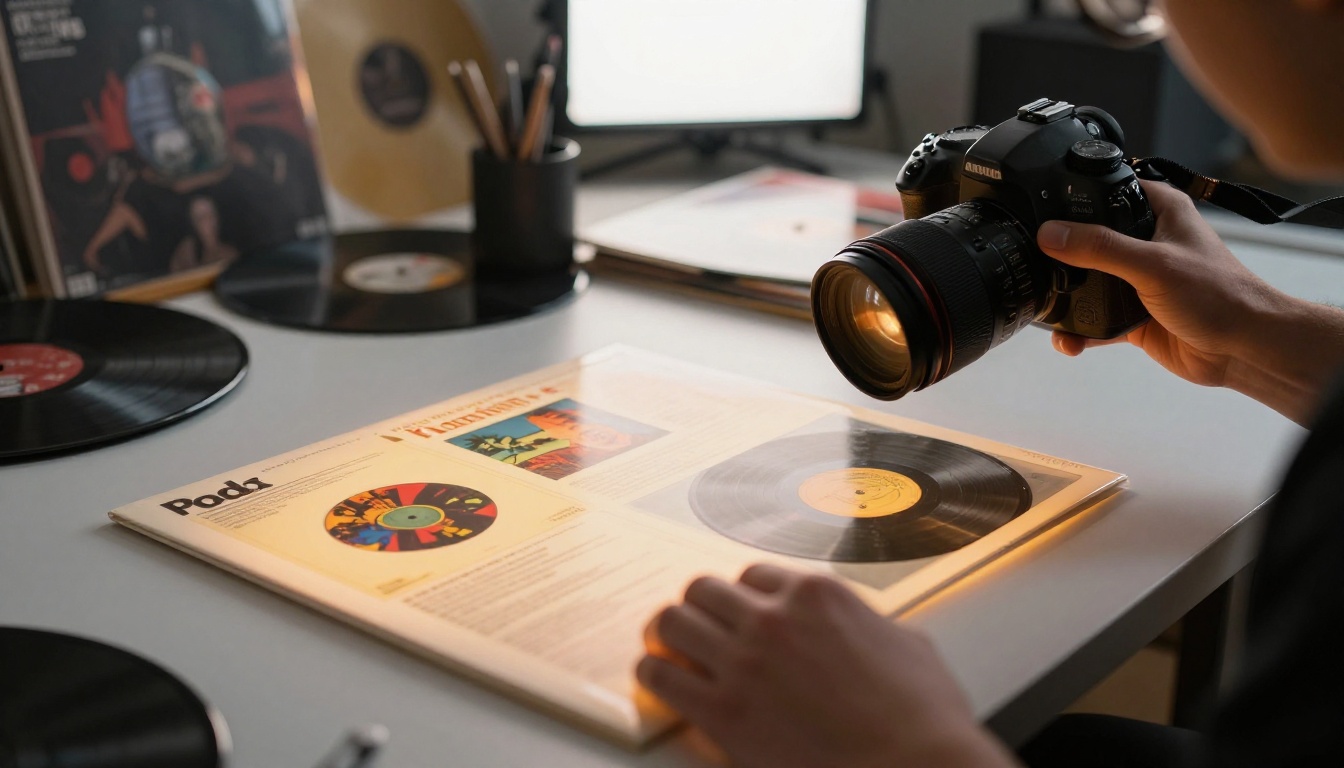 Person using a professional DSLR camera to photograph a vinyl record sleeve on a glowing light table Person using a professional DSLR camera to photograph a vinyl record sleeve on a glowing light table