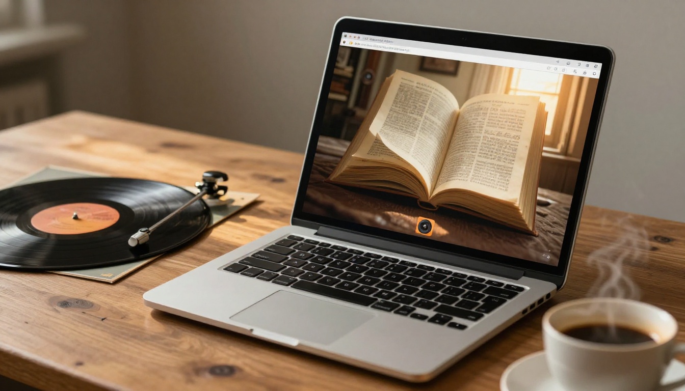 A laptop on a wooden desk showing a digital flipbook interface with album art and page-turning animation A laptop on a wooden desk showing a digital flipbook interface with album art and page-turning animation