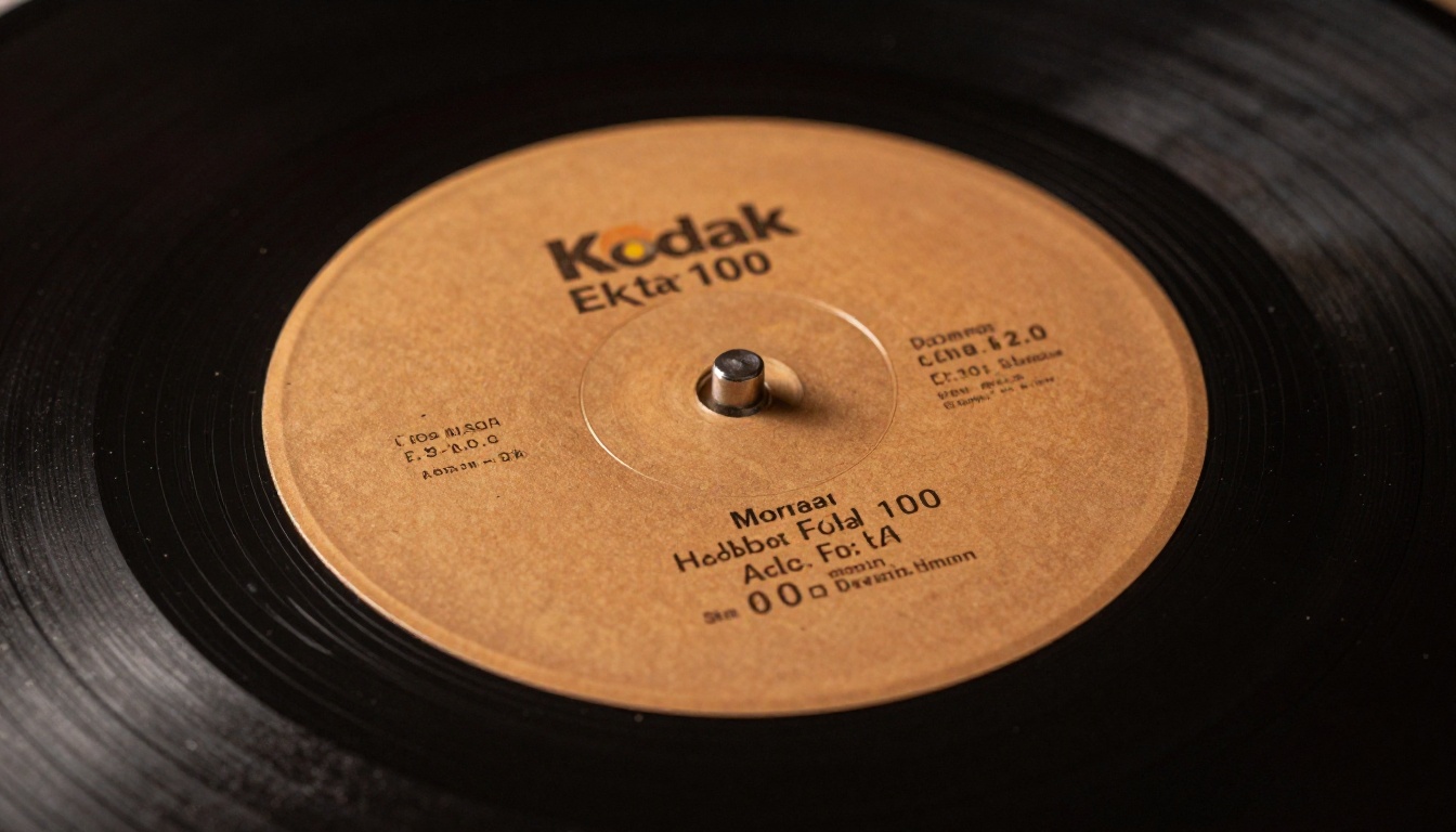 Extreme close-up macro of a vintage vinyl record center label with raking side light revealing texture Extreme close-up macro of a vintage vinyl record center label with raking side light revealing texture