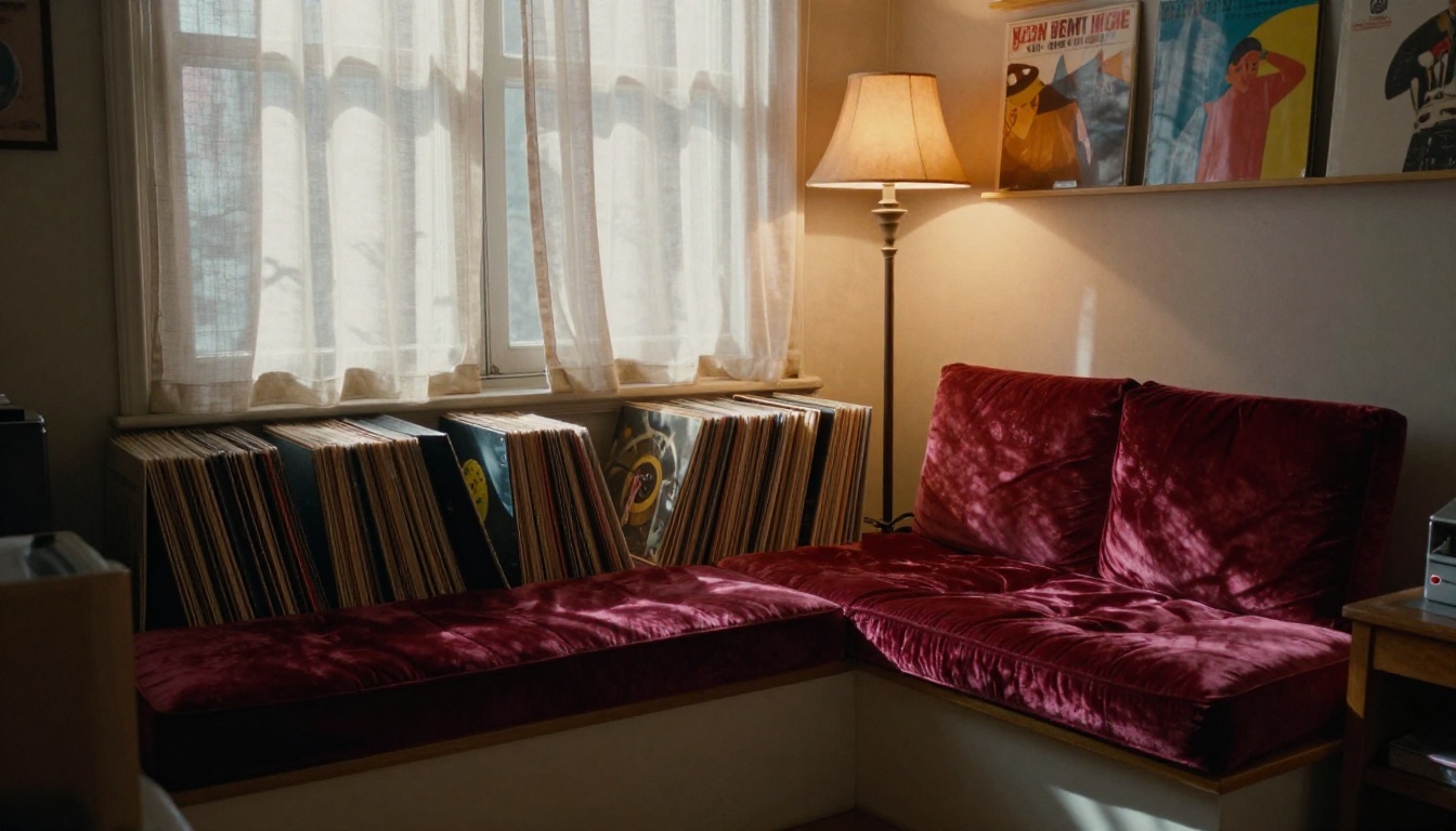 A cozy reading nook corner with stacks of vinyl records on a window seat, warm amber lamp glowing softly A cozy reading nook corner with stacks of vinyl records on a window seat, warm amber lamp glowing softly