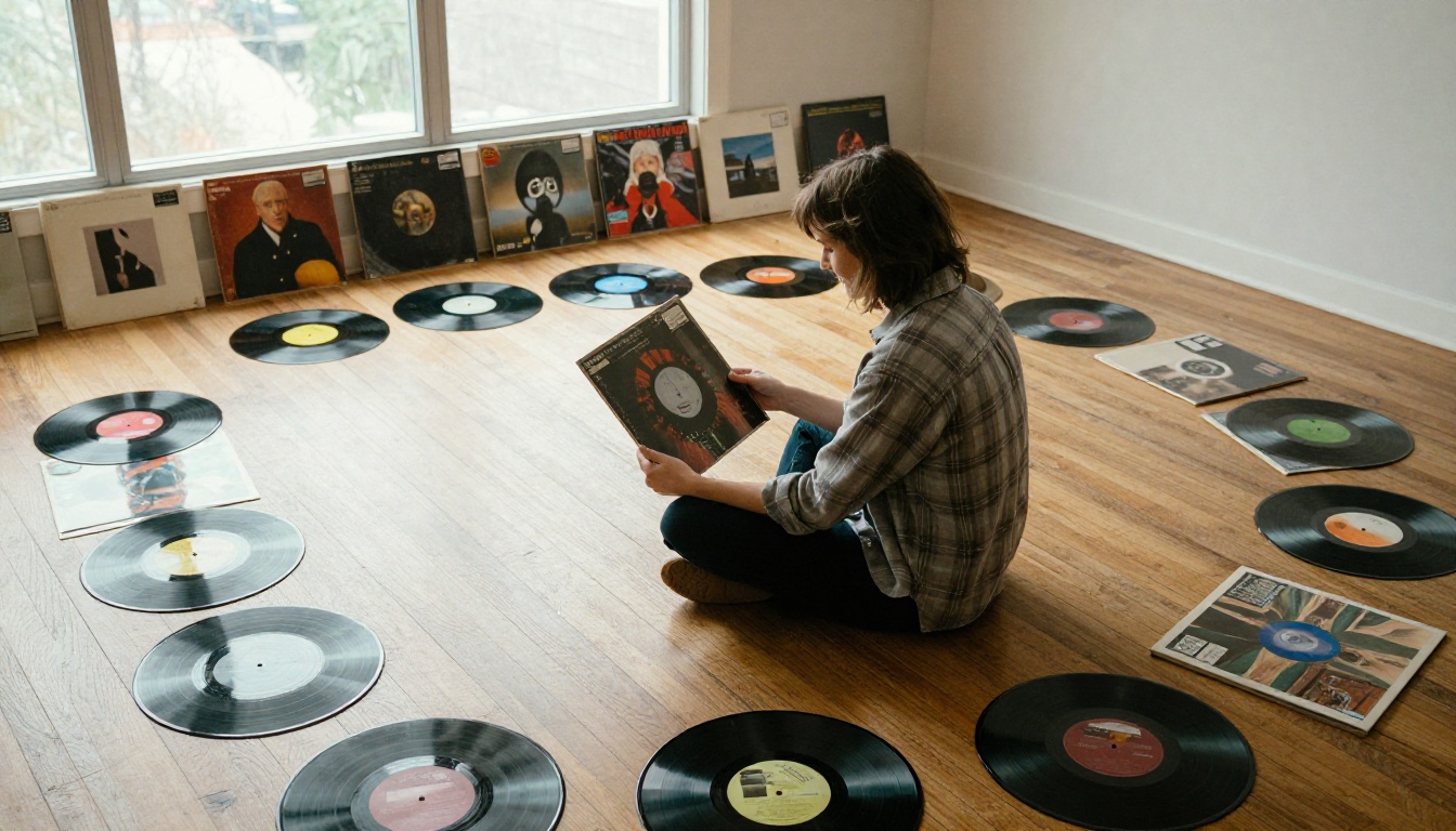 A person sitting cross-legged on a hardwood floor surrounded by vinyl records, holding an album sleeve up toward soft window light A person sitting cross-legged on a hardwood floor surrounded by vinyl records, holding an album sleeve up toward soft window light