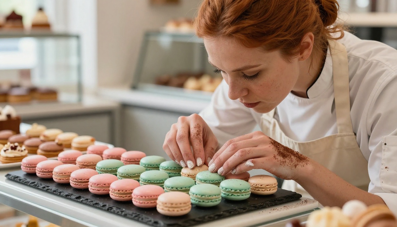 A professional pastry chef carefully placing macarons on a display board inside a warm, well-lit patisserie