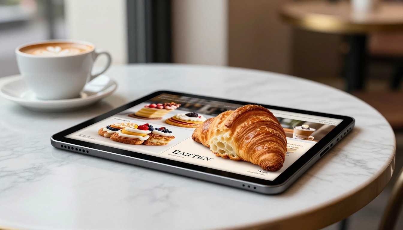 A digital flipbook displayed on a tablet on a marble cafe table next to a croissant and flat white coffee