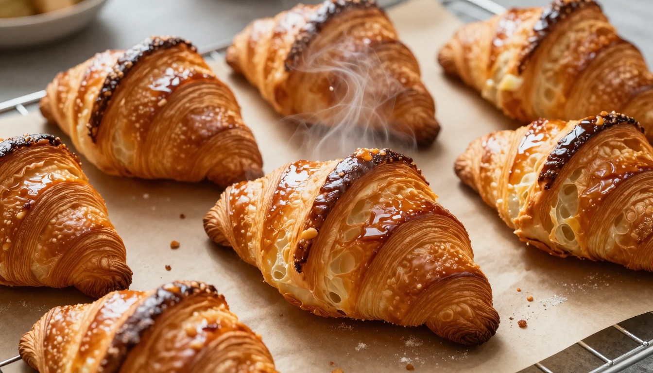 Freshly baked croissants on parchment paper showing golden layered pastry texture and steam rising from the center